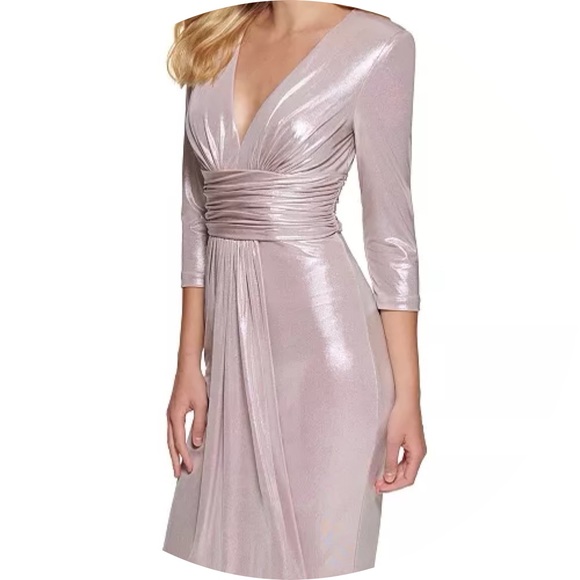 NWT Vince Camuto Metallic Long Sleeve Ruched Waist Metallic Dress Rose Size 8 - Picture 2 of 7